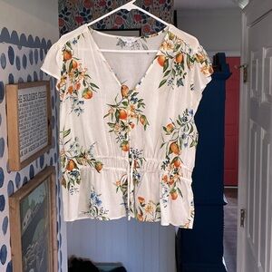 Time and Tru Floral V-Neck Blouse - Orange and Blue on Cream